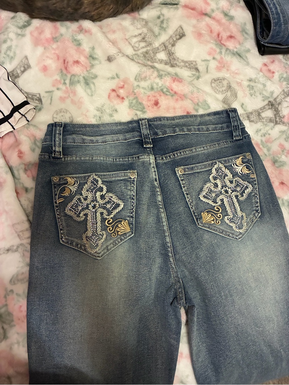 Forever 21 Blue Boot Cut Jeans with Embroidered Cross Pockets